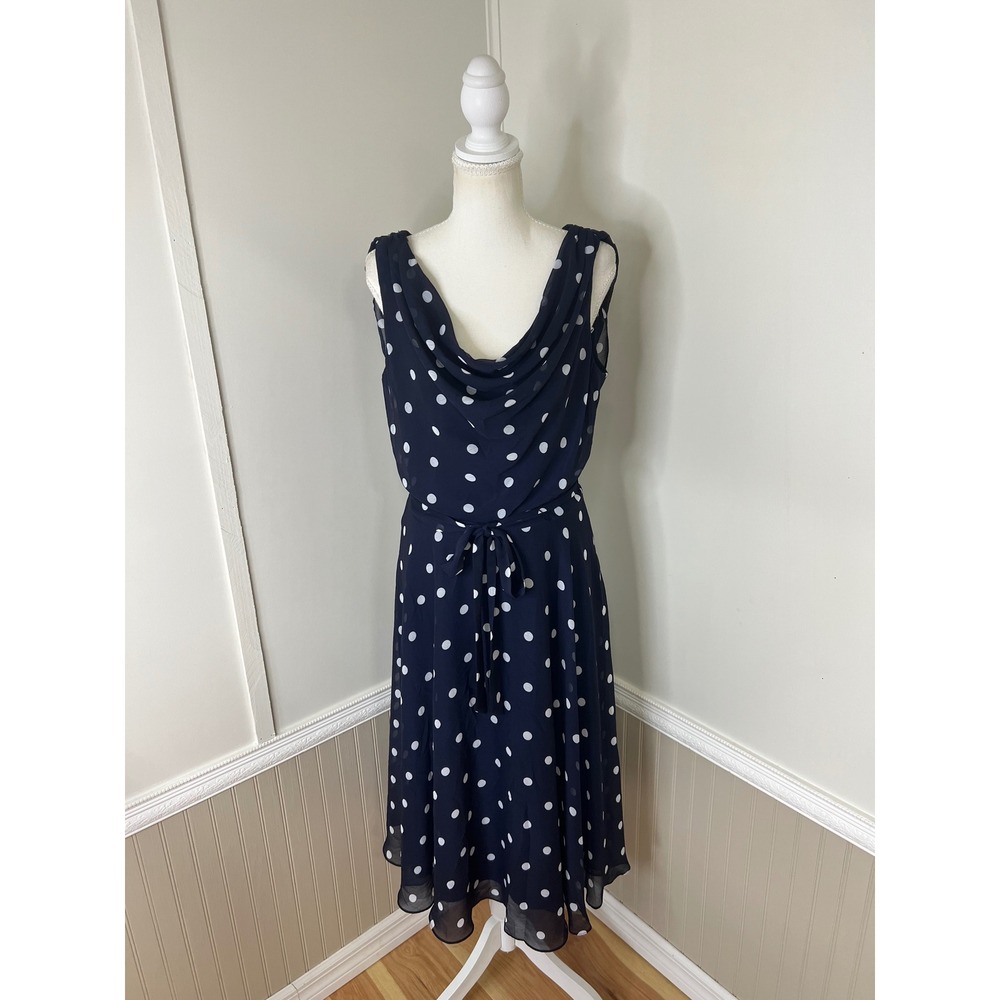 Established 1962Navy Blue White Polka Dot Cowl Neck Draped Back Midi Dress 12